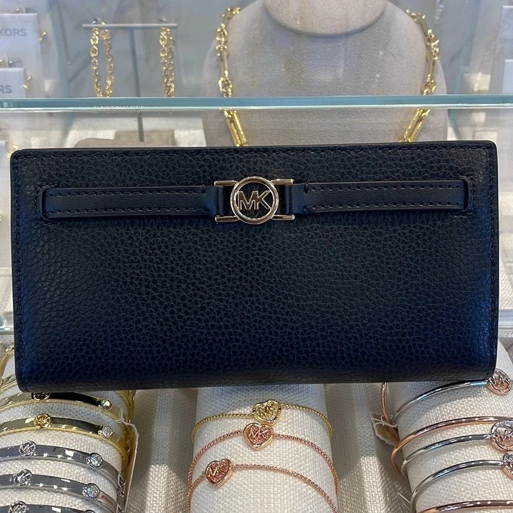 Michael Kors Reed Large Bifold Pebbled Leather Snap Wallet Card Case  Black  NWT